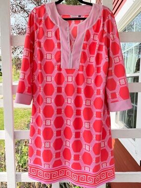 Cabana Life Coral & Light Pink Geometric Tunic